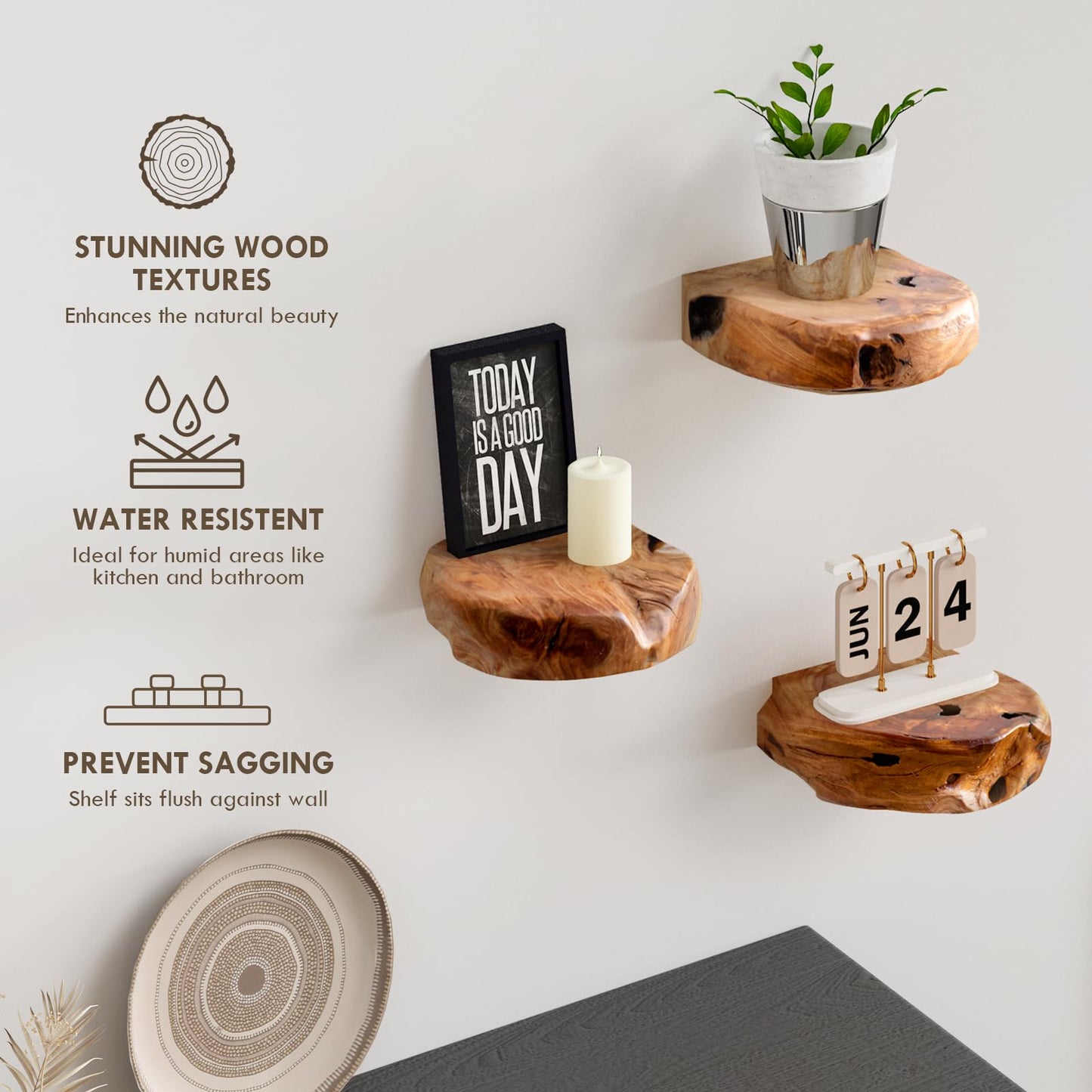 WELLAND Natural Edge Cedar Wood Show Case Display Shelves, Wood Floating Shelf, Set of 3, 6 x 6 x 1.6 inches - Rustic Wooden Floating Wall Shelves for Home Decor, Plants, Photos, and Collectibles