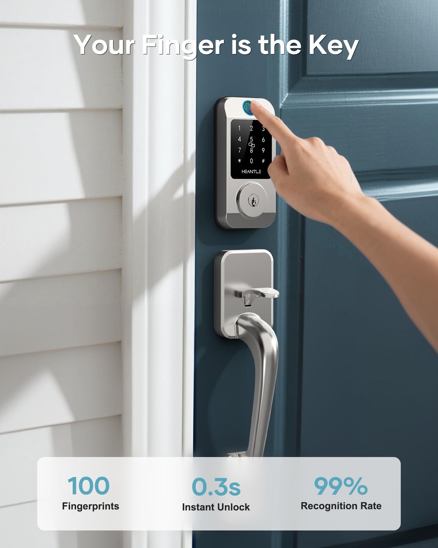 Wi-Fi Front Door Lock Set - HEANTLE Smart Locks for Front Door Built-in WiFi Keyless Entry Deadbolt with Handle Set Fingerprint Smart Electronic Deadbolt, Works with Alexa & Google Assistant Silver