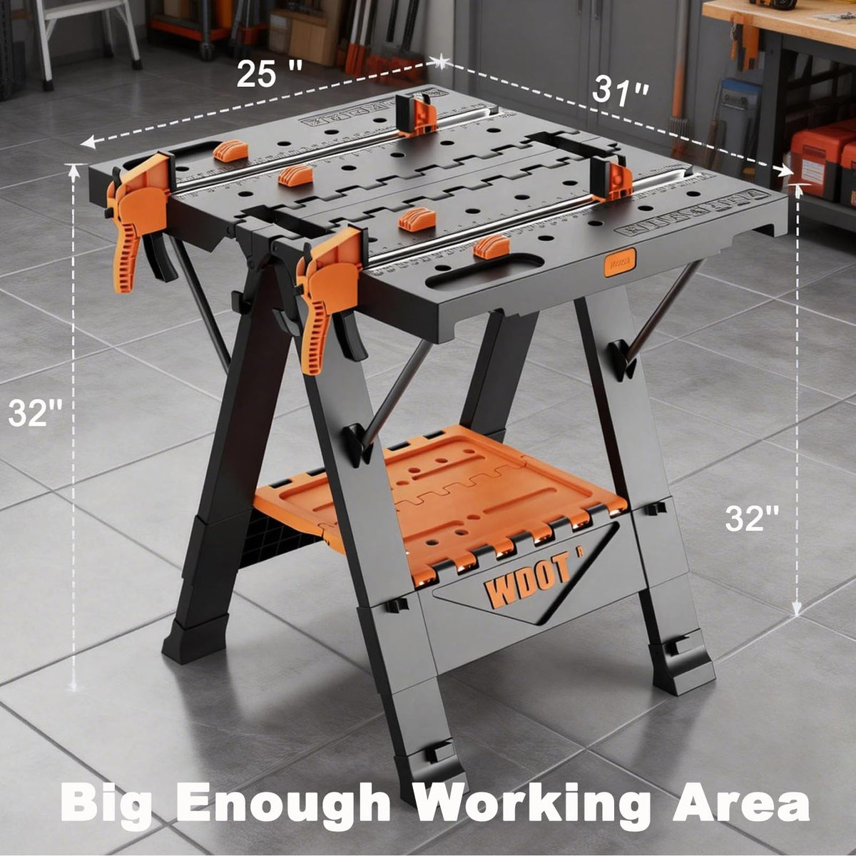 WDOT Work Bench Table 2 in 1 Portable Folding Workbench for Garage Sawhorse 500lbs Mobile Work Table 31" W x 25" D x 32" H with 2 Clamps & 6 Bench Dogs