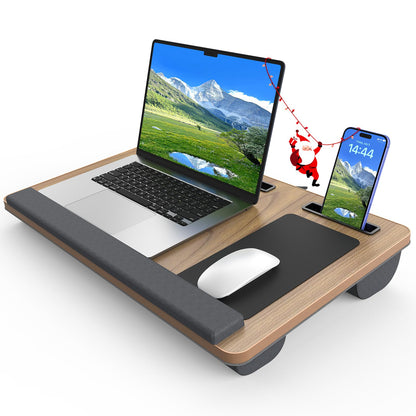 Laptop Lap Desk, Portable Large Laptop Desk for Bed, Up to 17 in Lap Table with Wrist Rest, Mouse Pad, Tablet Phone Slot, Portable Handle, Cushion (Dark Brown Woodgrain)