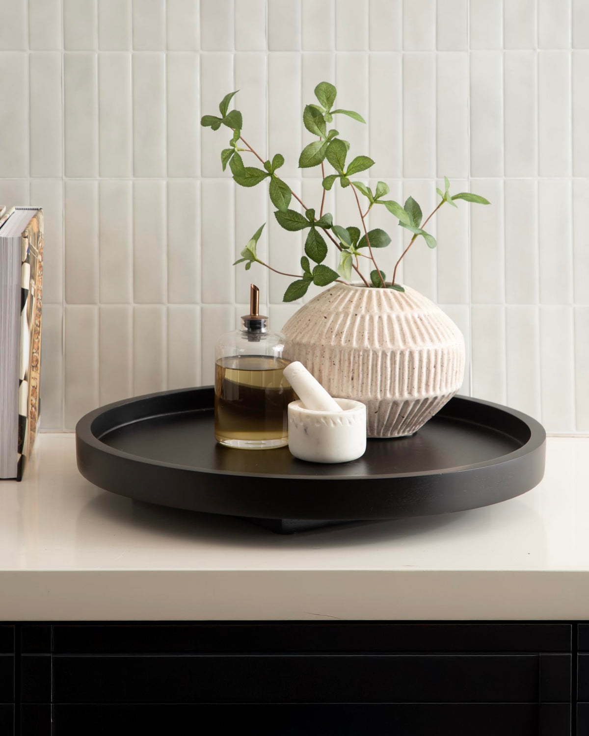 Kate and Laurel Halsey Round Lazy Susan Tray Organizer; 18 Inch Diameter; Black; Transitional Round Countertop Organizer with Turning Lazy Susan for Kitchen Storage