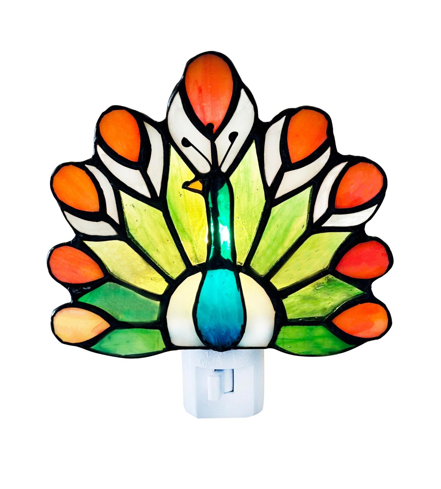 WKINGDIY Tiffany Stained Glass Peacock Night Light WKD1003 (Green、Orange) Tiffany Glass Night Light, Peacock Pattern, Stained