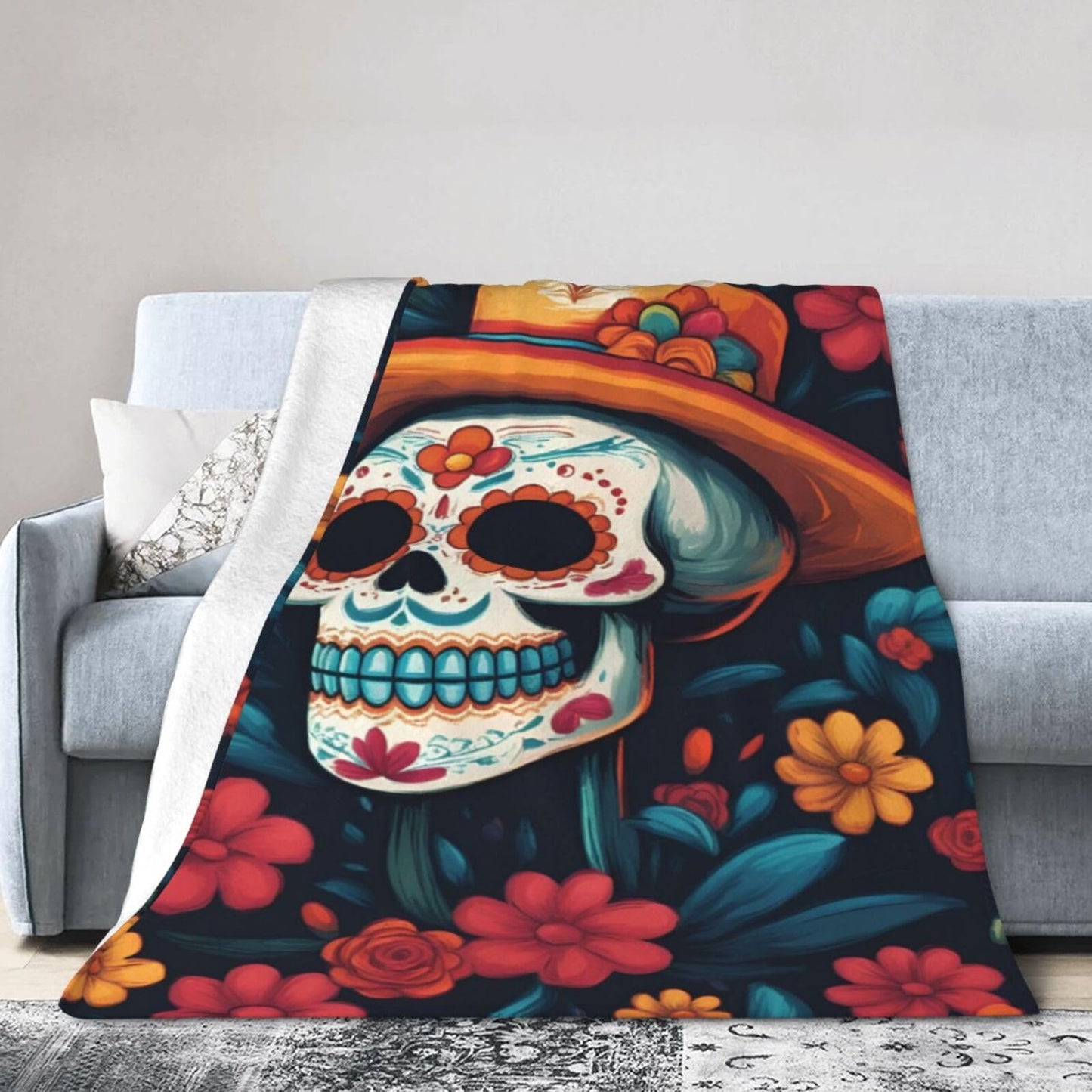 Colorful Skull and Flowers Throw Blanket Soft Lightweight Flannel Fleece Blanket 50"X40" for Bed Sofa Couch Camping Travel