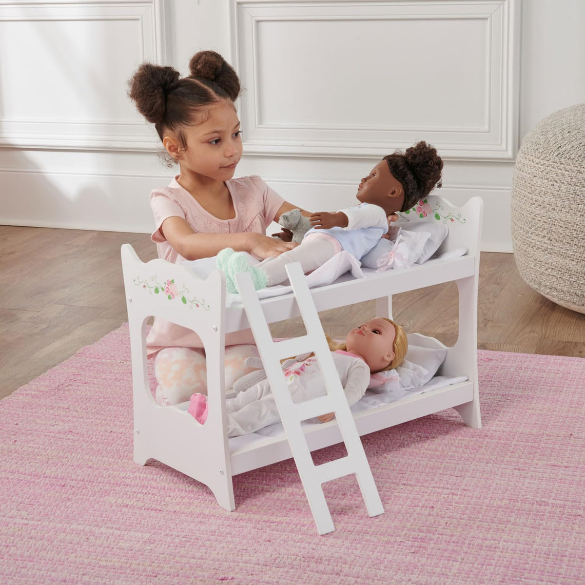 Badger Basket Doll Bunk Bed with Ladder and Bedding – Stylish White & Rose Design for 18 to 20-Inch Dolls with Pillows and Blankets