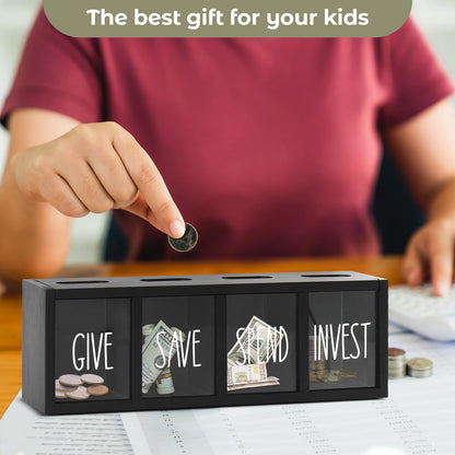 Wooden Give Save Spend Invest Money Saving Box for Kids, Countertop Kid Piggy Bank for Daily Cash, Wall-Mount Kids Banks for Bills and Coins, Visualized Piggy Bank for Living Room, Laundry Room