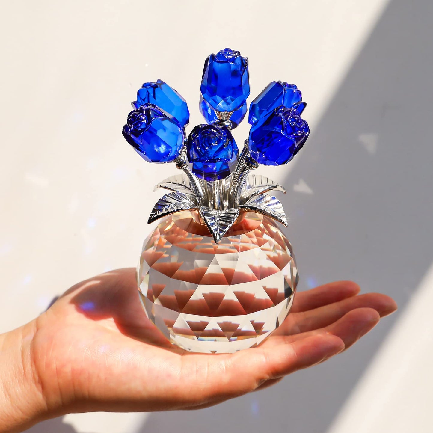 YWHL Crystal Blue Rose Flower Figurine with Round Vase, Rose Gifts for Wife Girlfriend, Romantic Gifts for Mom on Mother's Day Anniversary Birthday, Rose Collectible Figurines for Home Decoration