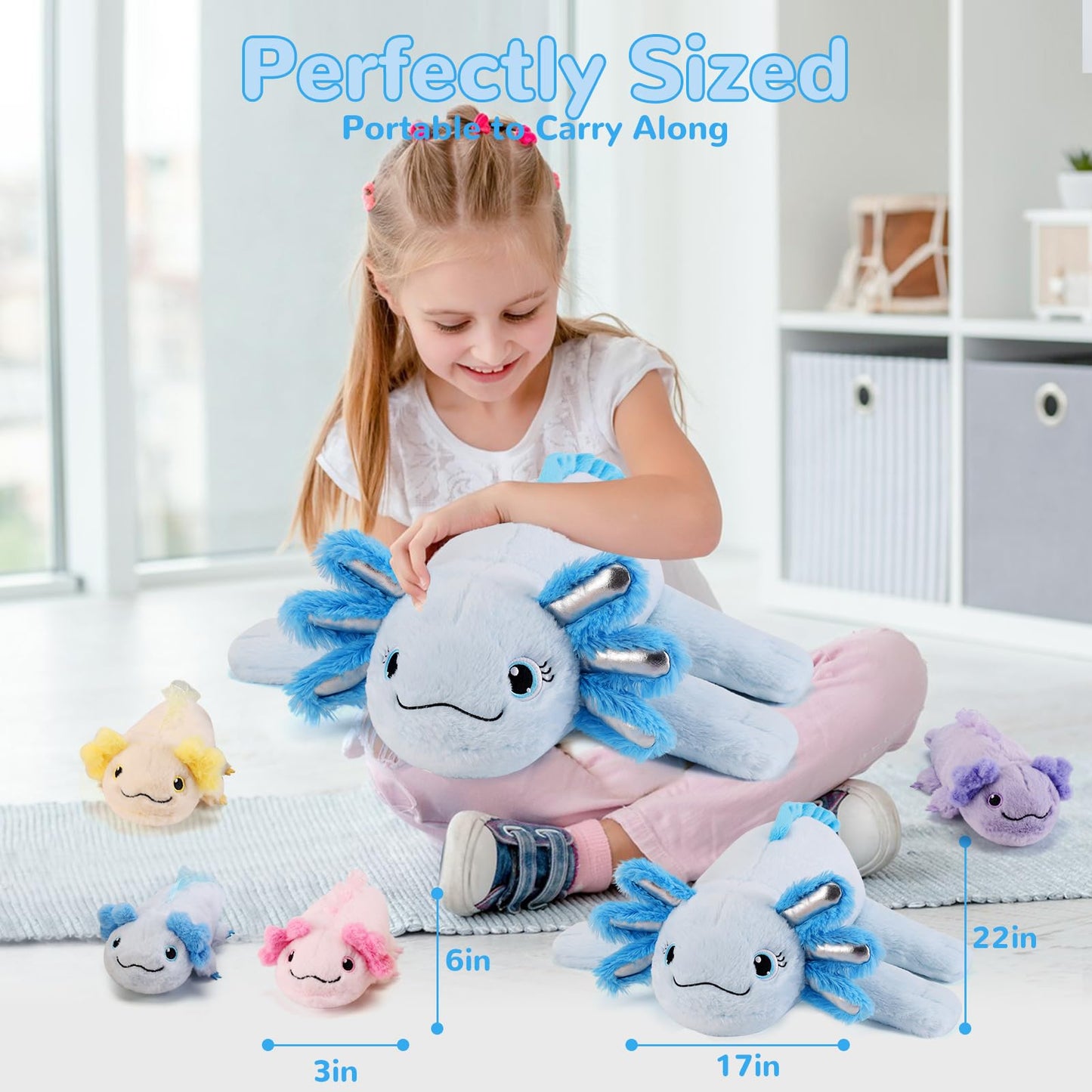 gnomantic 5 Pieces Axolotl Stuffed Animals with Babies Inside Belly - 1 Mommy Stuffed Axolotl with 4 Babies - Blue Axolotls Plush Toy for Kid Age 3-8, Gift Ideal for Christmas, Valentine's, Birthday
