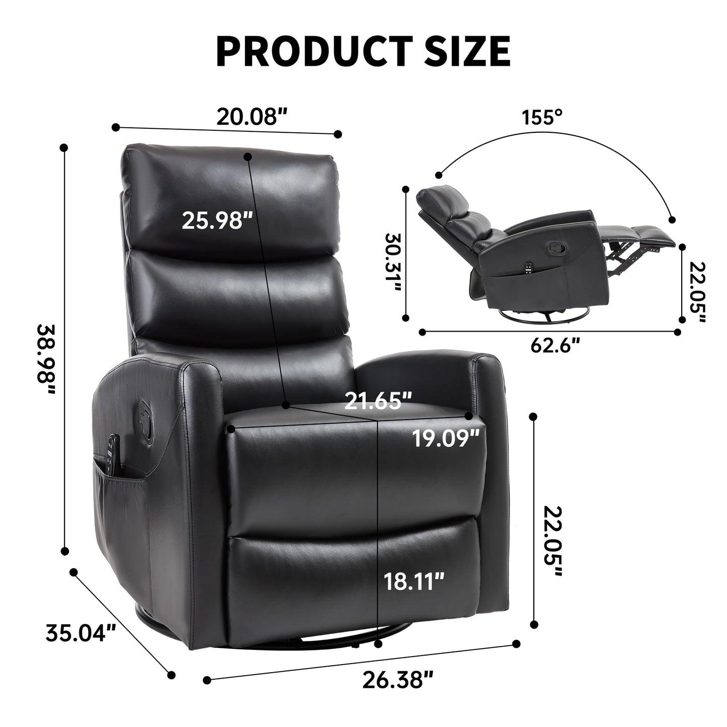 KEIKI 4-in-1 Manual Swivel Rocker Recliner Chair for Home Living Room, Faux Leather Chair with Back Massager & Heat, Home Theater Seating with Lumbar Support, Portable Chairs for Adults, Black