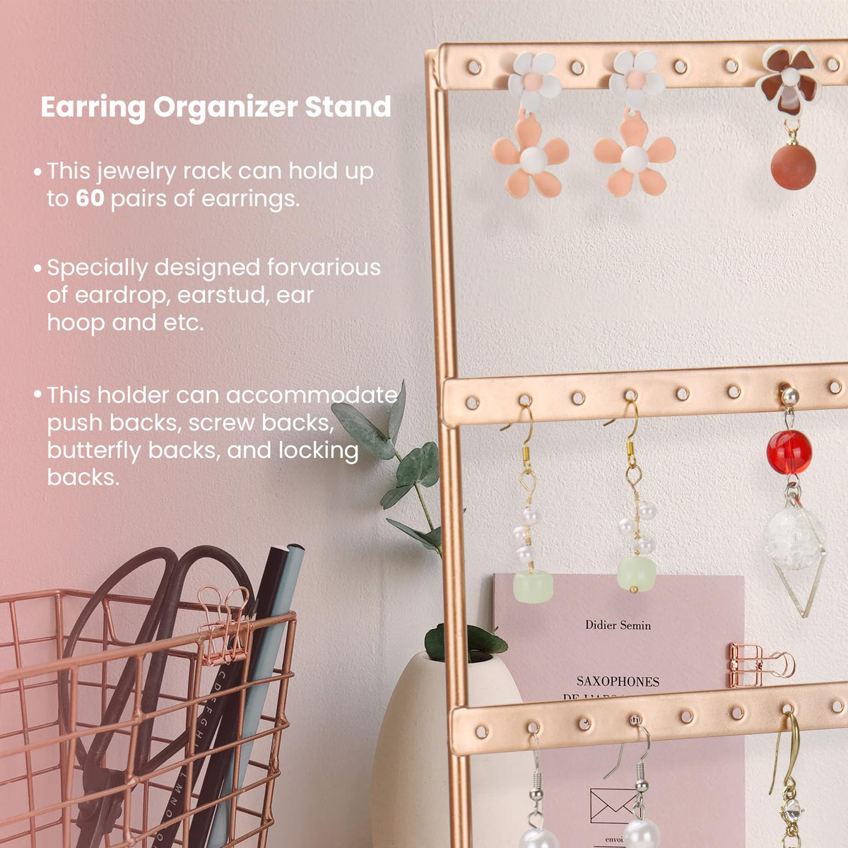 RNTBWD Earring Holder Organizer, Earring Display For Vendors, Earring Organizer, Earring Holder, Rose Gold Jewelry Organizers and Storage(5 Tiers & 120 holes)