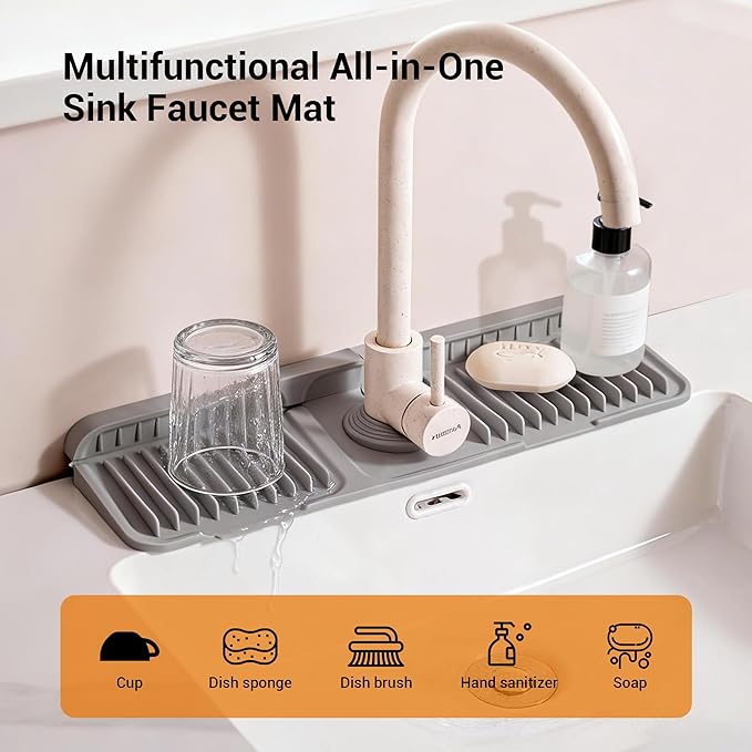 Faucet Mat for Kitchen Sink, Snap-On Design & 7°slope Fast Drain, Folding Sink