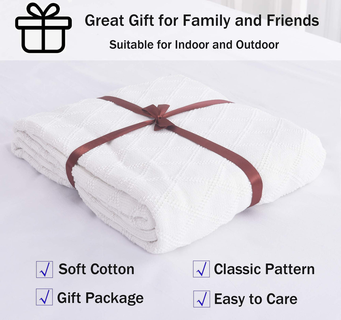 Cotton Knit White Throw Blanket for Couch Sofa Bed - Home Decorative Soft Cozy Sweater Woven Fall Throw Blanket
