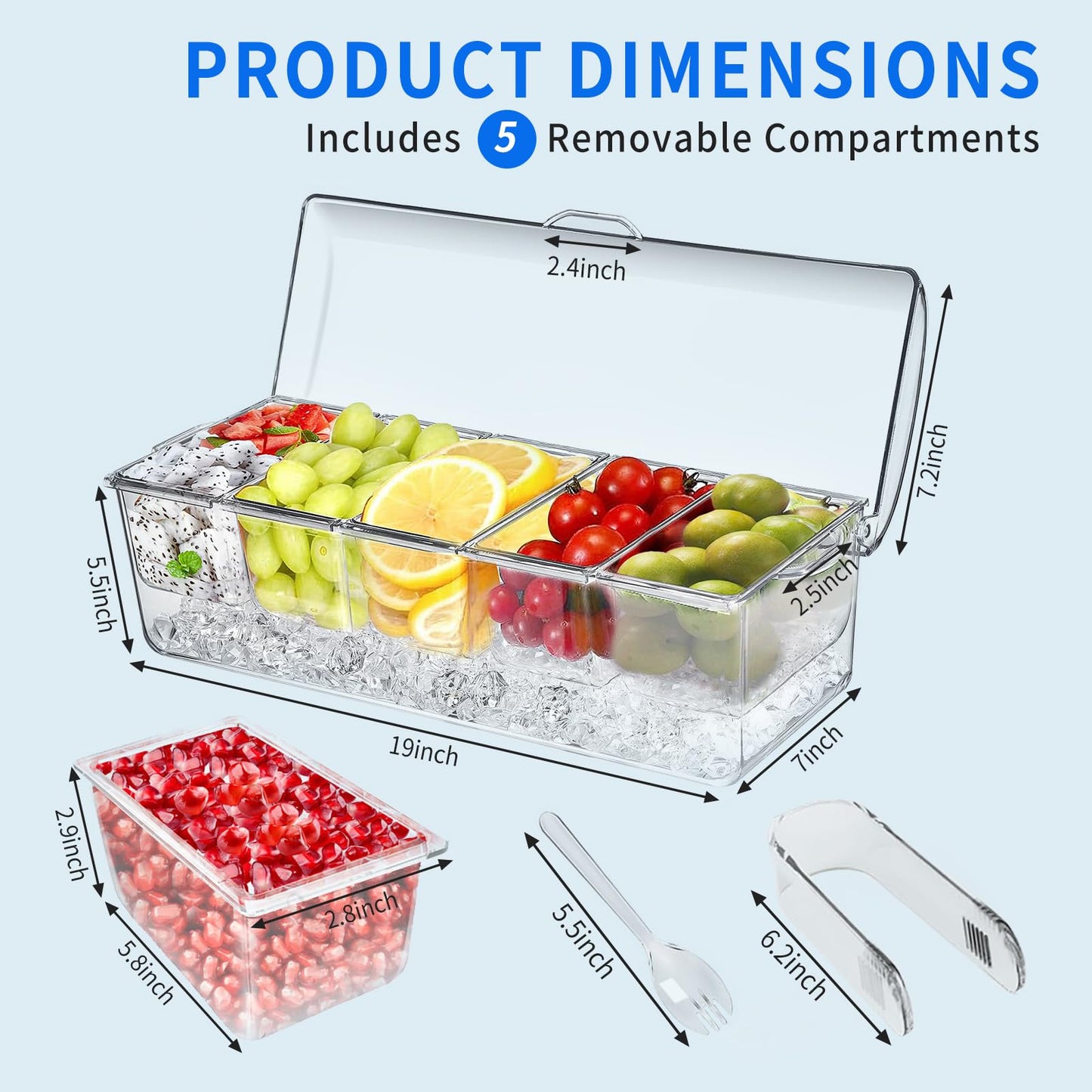 Large Ice Chilled Condiment Caddy，Chilled Condiment Containers Server with Lids for 5 Removable Compartments (2.5 cup)，Serving Platters , Fruit & Garnish Tray for Party Supplies & Bar Accessories