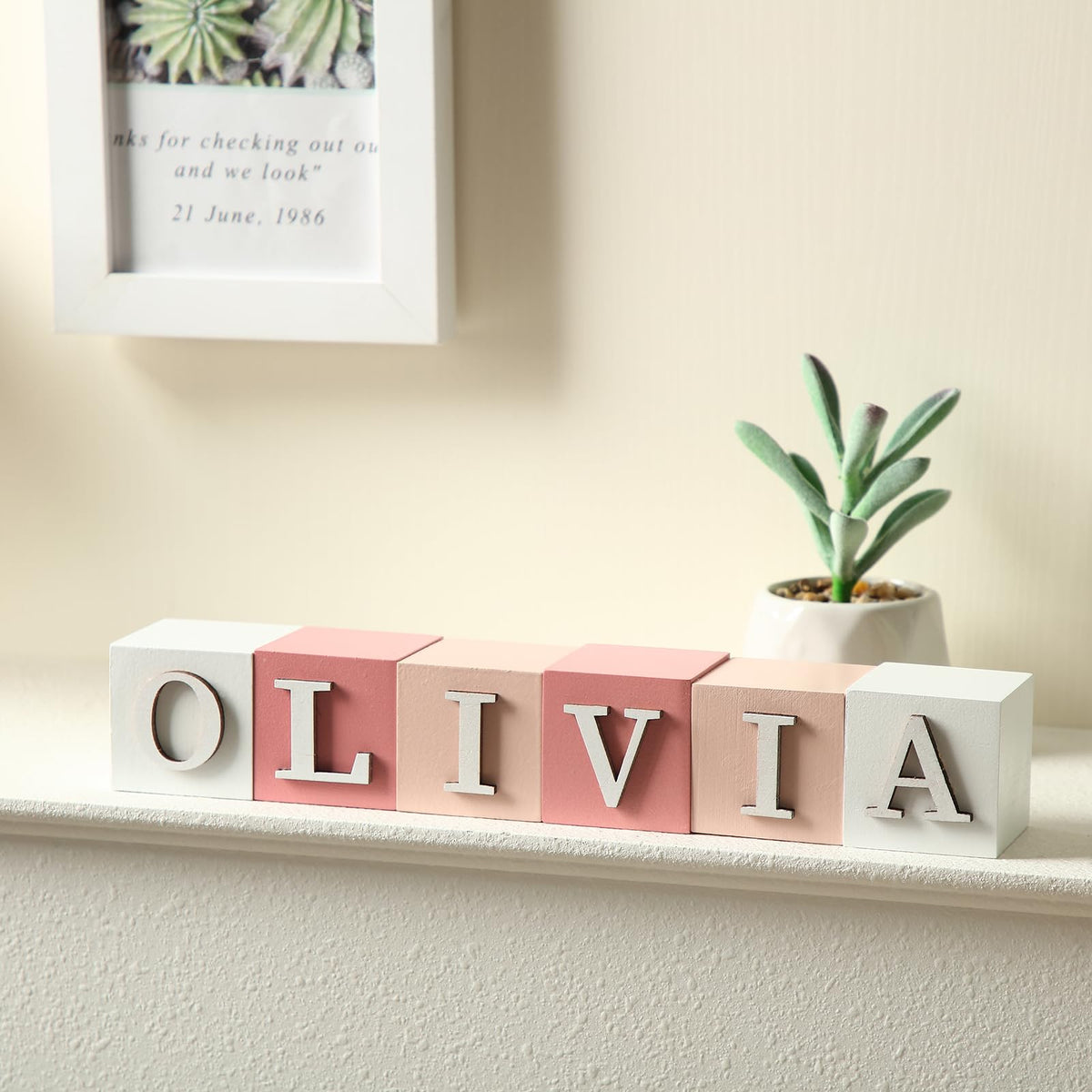 Kigley 8 Pcs Custom Wooden Name Sign 8 Letter Blocks and 78 Wooden Letter Name Wooden Cubes Wooden Blocks for Montessori Shower Name Alphabet Wood Signs(Pink)