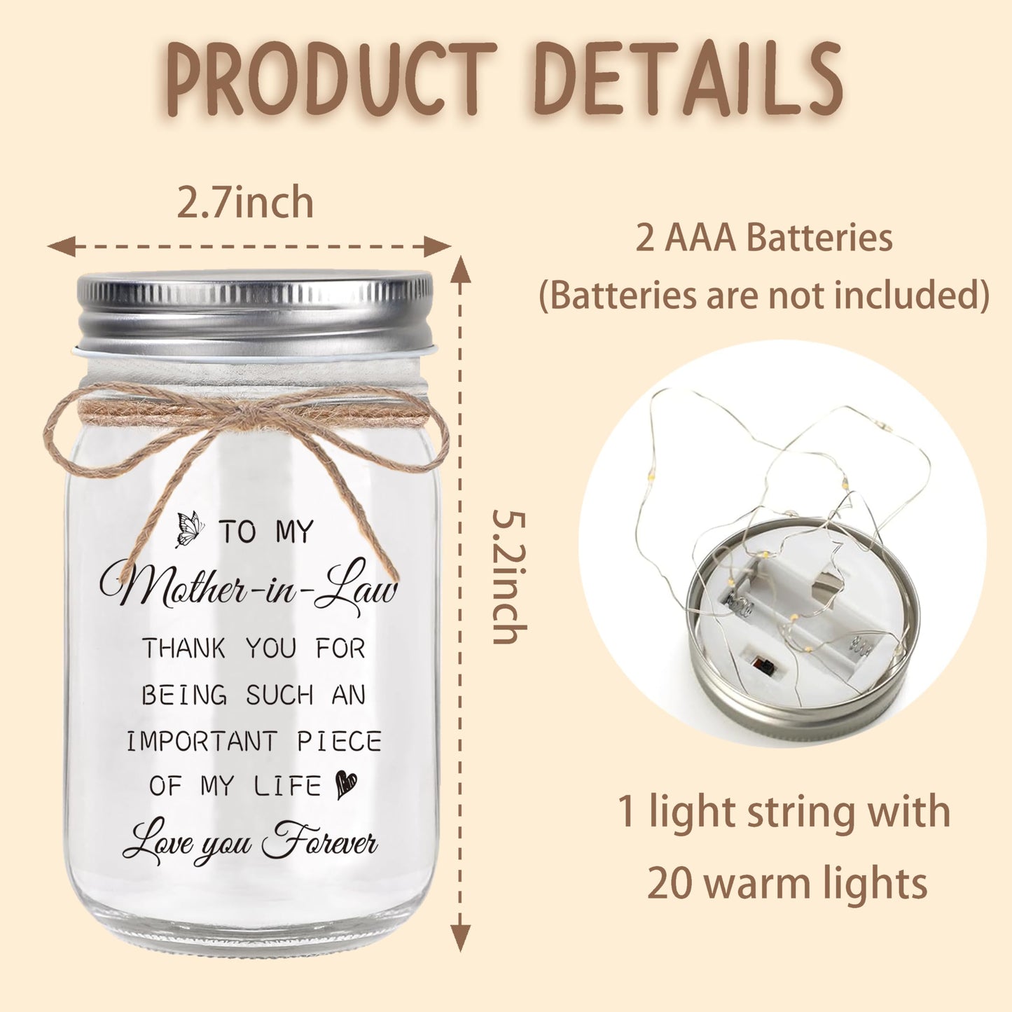 Luckyyds Mother in Law Gift, Mason Jar Night Lights - Best Mothers Day Birthday Christmas Gift for Mother in Law, Mother of The Groom Gifts