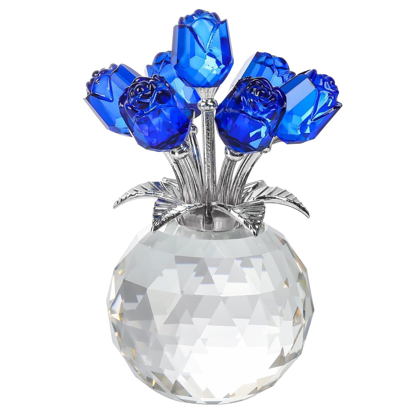 YWHL Crystal Blue Rose Flower Figurine with Round Vase, Rose Gifts for Wife Girlfriend, Romantic Gifts for Mom on Mother's Day Anniversary Birthday, Rose Collectible Figurines for Home Decoration