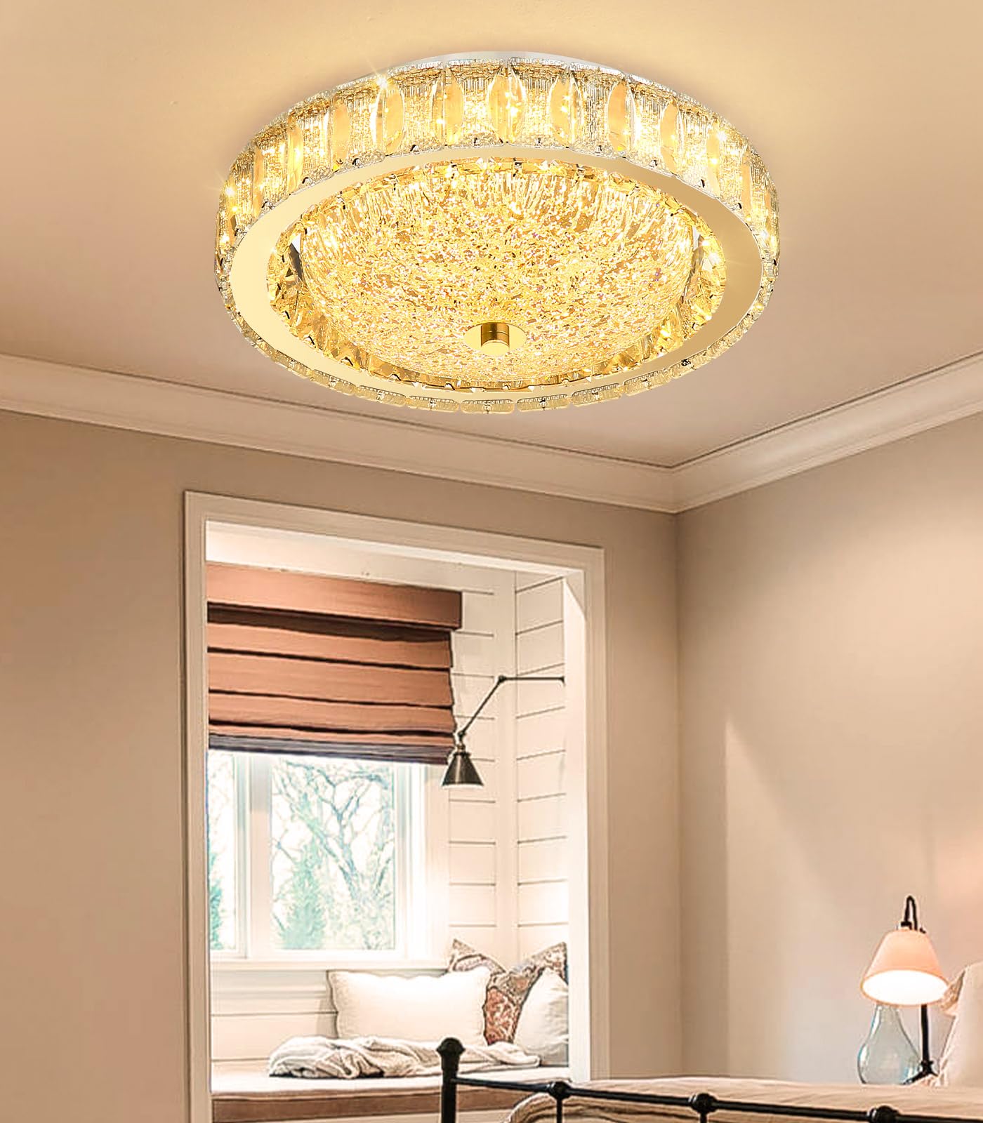 AFQEJG 11.8" Modern Mini Crystal Chandelier Dimmable LED Flush Mount Ceiling Light with Remote Control for Bedroom Hallway Dining Room Gold