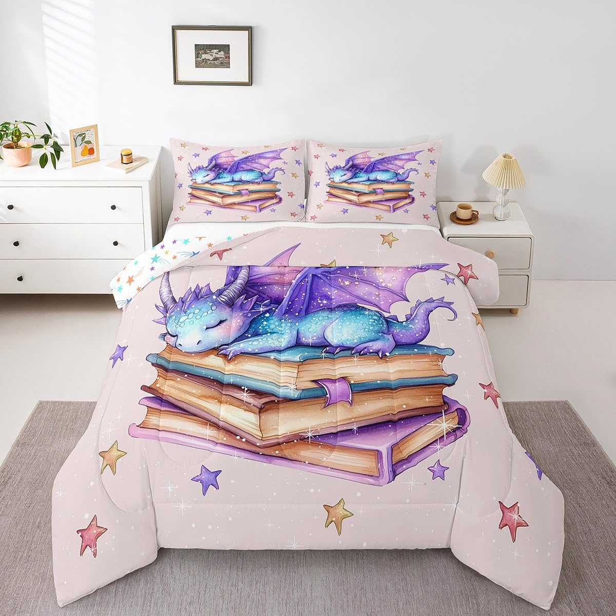 Castle Fairy Blue Purple Dragon Comforter Toddler,Dreamy Cartoon Starry Sky Quilt Comforter with 1 Pillowcase,3D Dragon Wildlife Glittering Stars Pattern Bedding Set Comfortable,Soft and Breathable
