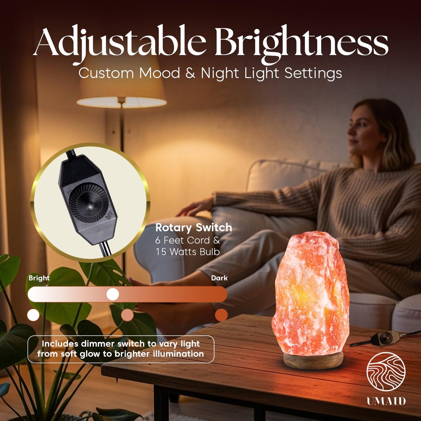 UMAID Himalayan Salt Lamp 8–10"(7–11 lb) Dimmable Pink Rock Salt Lamp with Wooden Base & Night Light Bulb, Spa Decor for Meditation Room, Massage Stones Ambiance, Desk & Bedroom,Gifts for Men & Women