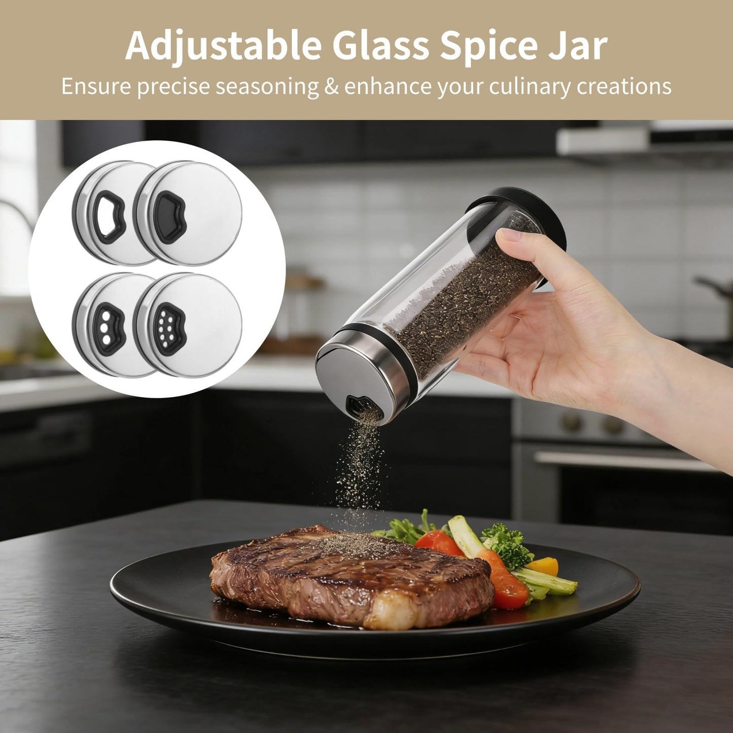 4 Pcs Salt and Pepper Shakers, 350ml Glass Spice Bottles with Adjustable Pour Holes, Spice Dispensers with Non-Slip Silicone Bases, Seasoning Jars with Rotating Steel Lids for Kitchen