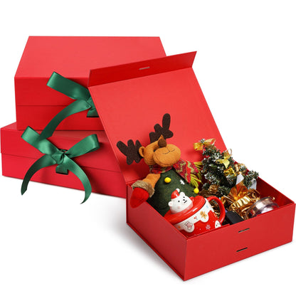 SWANGSA Red Christmas Gift Boxes with Lid for presents 10.2x8.8x3.8 Inches, Large Gift Box with Ribbon and Magnetic Closure, Collapsible Gift Box for Christmas, Wedding, Valentine's day, Birthday Gift