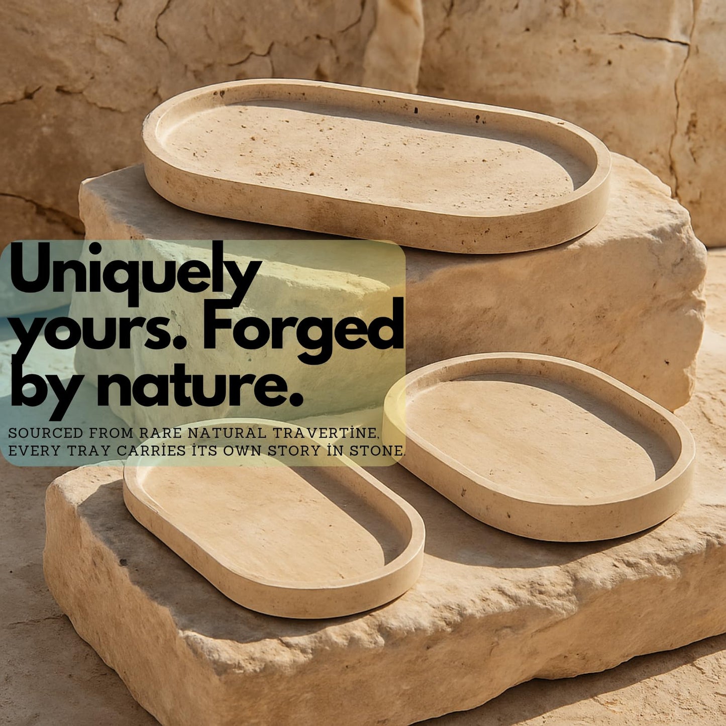 Natural Travertine Oval Tray 12”x6” – Vanity & Bathroom Counter Tray for Perfume, Candles & Jewelry | Heavy Stone Decorative Marble Tray with Non-Slip Pads