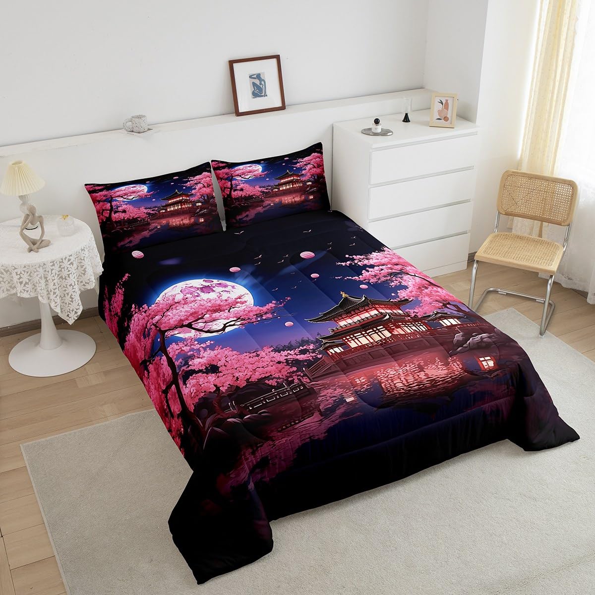 Pink Cherry Blossoms Comforter Set Full Size,Japanese Style Building View Bedding Set for Kids Girls Women Men Bedroom Decor,Night Moon Quilt Set Romantic Exotic Duvet Insert,2 Pillowcases