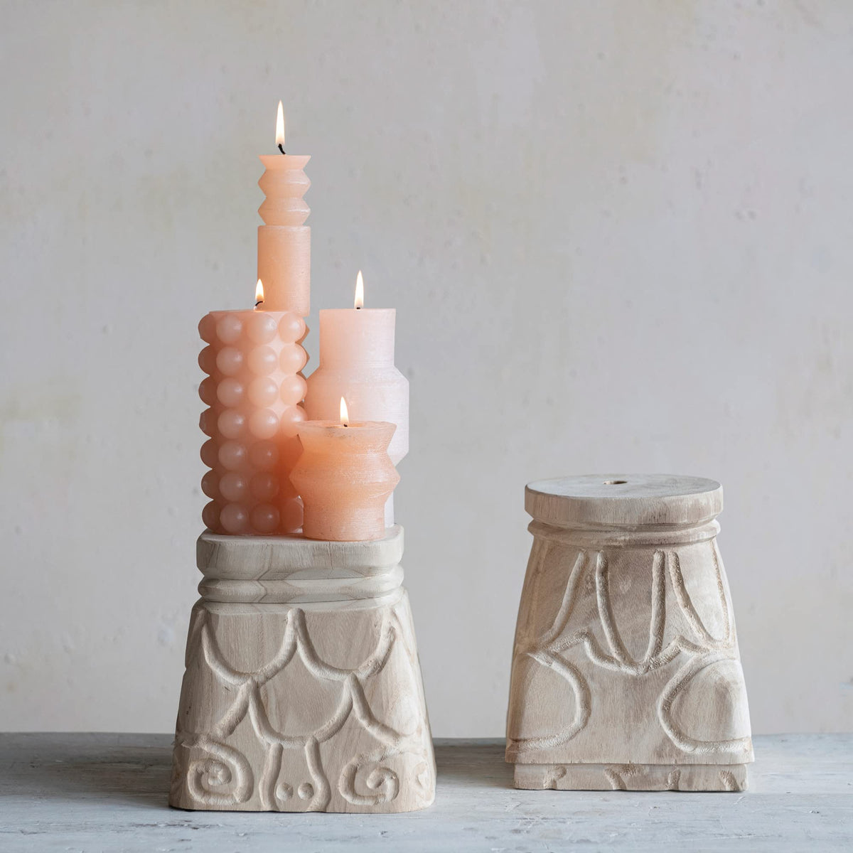 Creative Co-Op Decorative Paulownia Wood Pedestals with Carved Design, Set of 2 Styles, Natural
