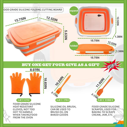 Collapsible BBQ Prep Tub with Lid & Cutting Board 8L - Meat Marinating Basin & Grill Carry System - 5pc Set with Heat Resistant Gloves, Basting Brush & Spatula(Orange, Large, 8L)