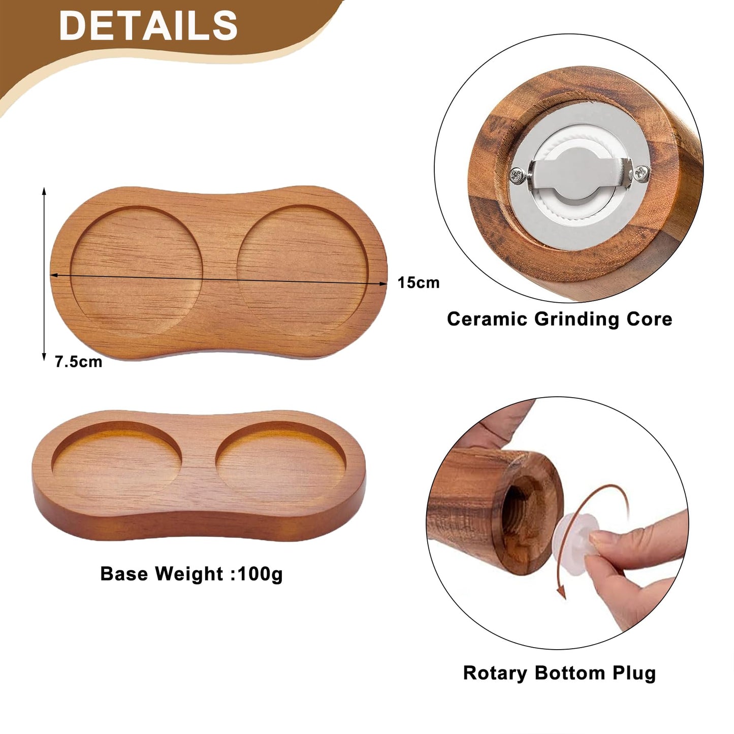 Salt and Pepper Grinder Set, Acacia Wooden Pepper Grinder with Adjustable Coarseness, Refillable Ceramic Blade Grind,Gold Pepper Mill for Kitchen (7.5IN- Acacia Wood-Base)