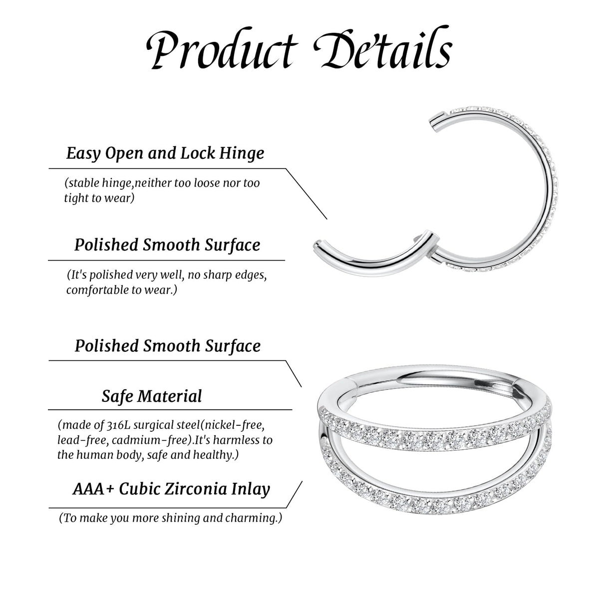 Double Hoop Conch Piercing Jewelry Septum Ring Silver Septum Jewelry Seamless 18 Gauge Nose Ring Hoop 18g Cartilage Earring with CZ Lip Rings 8mm Nose Hoop Surgical Steel Helix Earrings