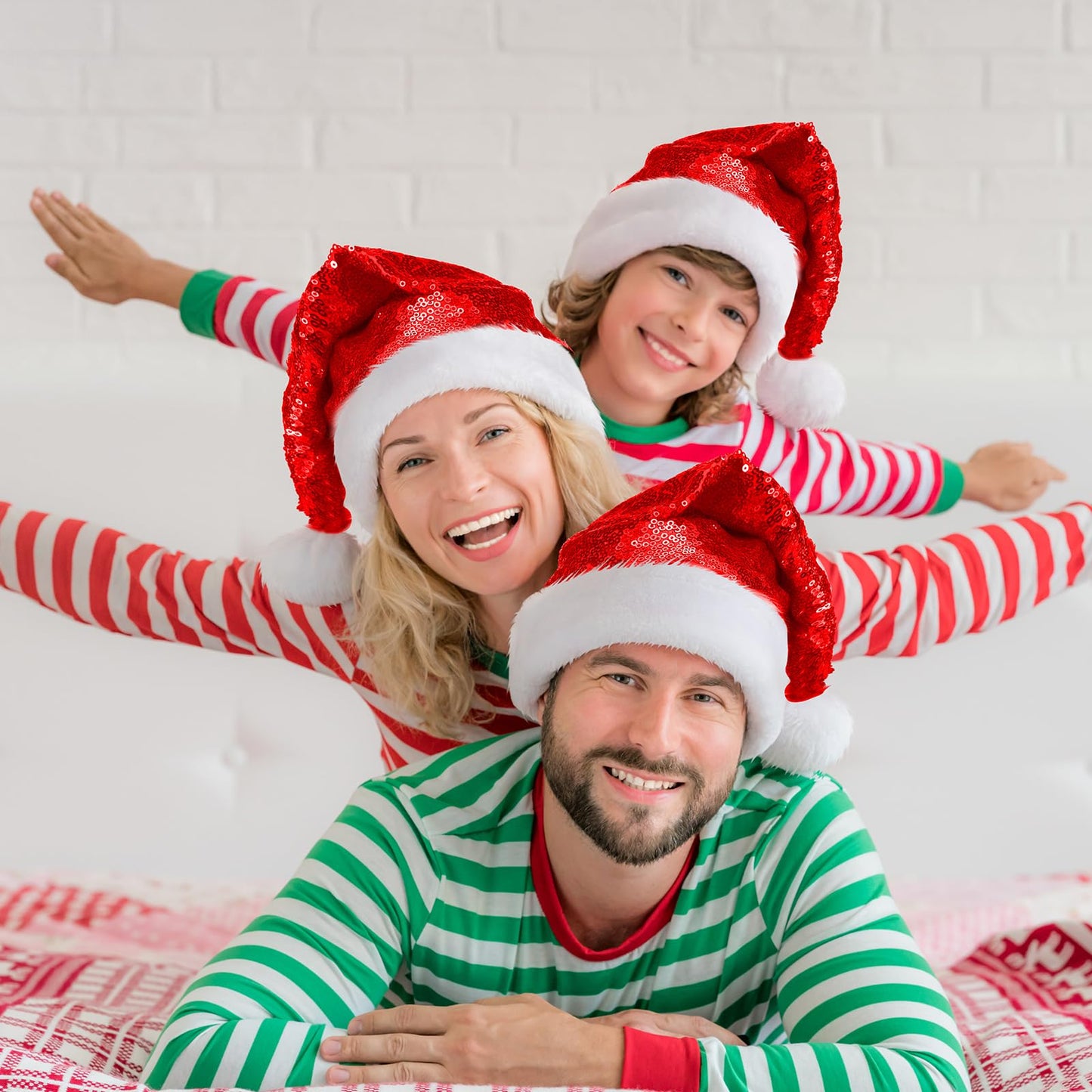 SATINIOR 2 Pcs Adult Sequin Santa Hat Unisex Christmas Hat Santa Claus Cap Xmas Cap with Lining and Plush Brim for Women Men(Red)