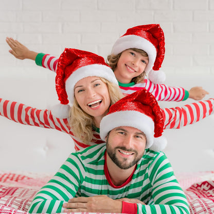 SATINIOR 2 Pcs Adult Sequin Santa Hat Unisex Christmas Hat Santa Claus Cap Xmas Cap with Lining and Plush Brim for Women Men(Red)