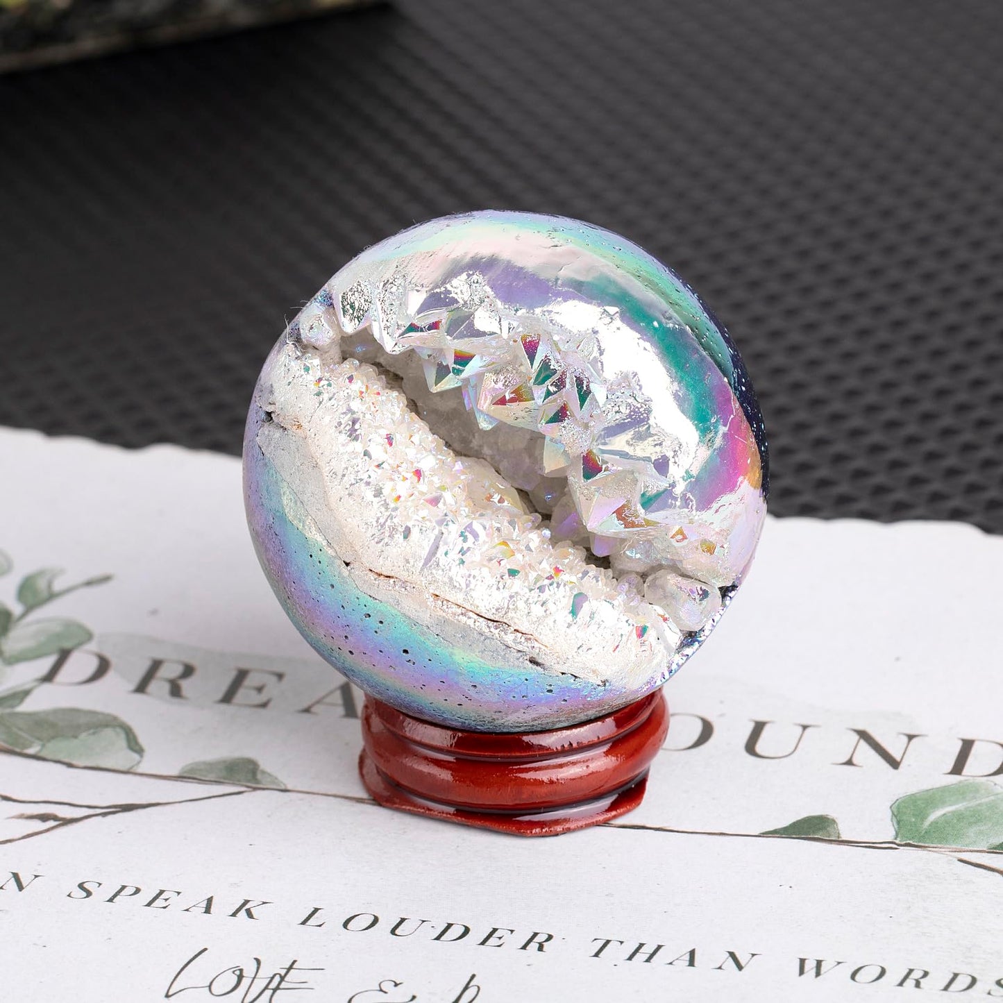 mookaitedecor Angel Aura Quartz Geode Sphere 51-60 mm, Natural Rock Crystal White Titanium Coated Crystal Ball with Stand for Divination Witchcraft Home Decor