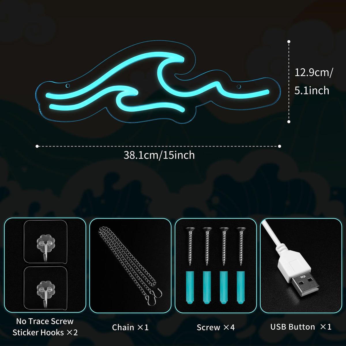 MissAudrey Wave Neon Signs with Cycle Timer, 15 * 5.1" Dimmer Ice Blue Wave Led Neon Light Sign For Kids Wall Decor USB Powered For Living Room Bar Bedroom Decorations Christmas Gift