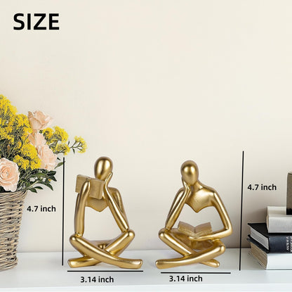 Prettidecor Thinker Statue Set of 2, Abstract Art Reading Sculpture Figurine, Modern Aesthetic Home Decoration for Living Room Bedroom Office Shelves Coffee Table Desk Bookshelf Decor (Gold)