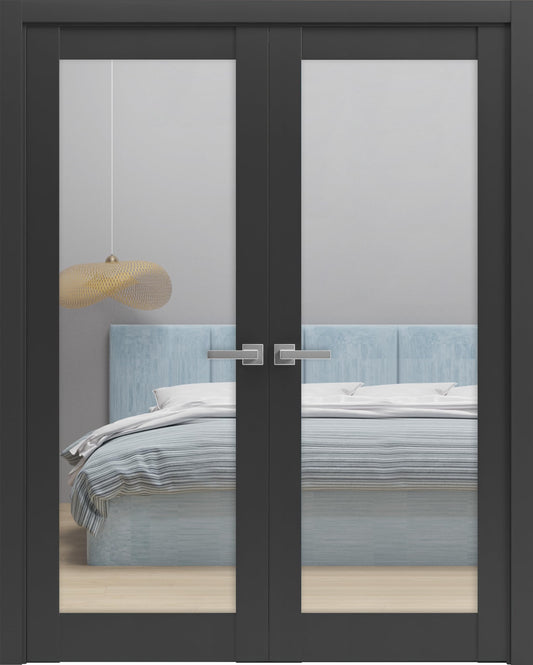 SARTODOORS Lucia 2166 | Double Swing Interior French Doors with Glass, Solid Wood, Hardware Included, 56x80, Black, Modern