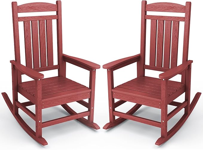 KINGYES Outdoor Rocking Chair Set of 2, High Density Polyethylene Patio Rocking Chairs with 330lbs Support for Adults, Dark Red