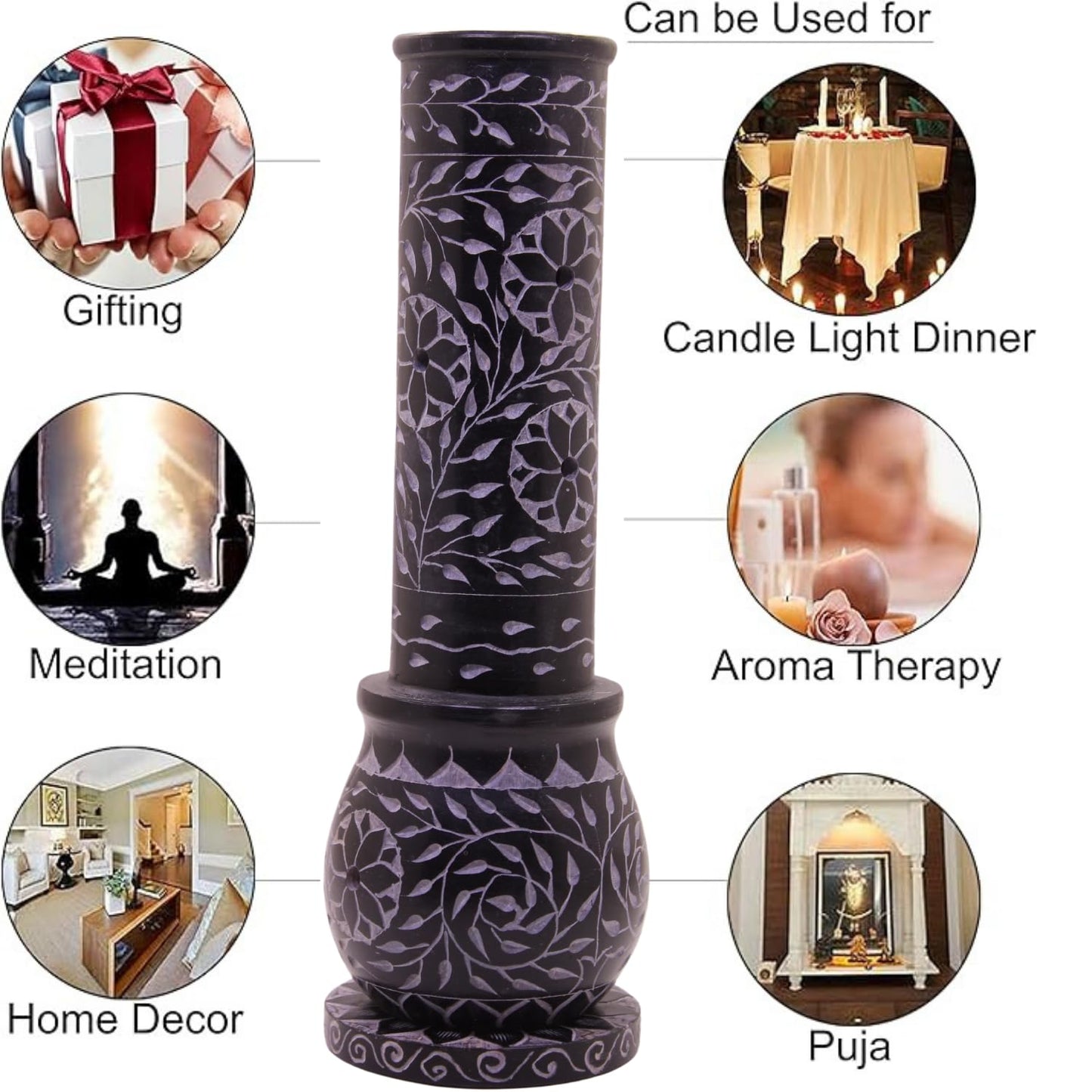 KC KULLICRAFT Hand Carved Marble Soapstone Incense Stick Holder – Black Incense Burner with Ash Catcher Base, Tea Light & Camphor Holder, Decorative Home & Puja Decor (3 x 3 x 10 Inch).