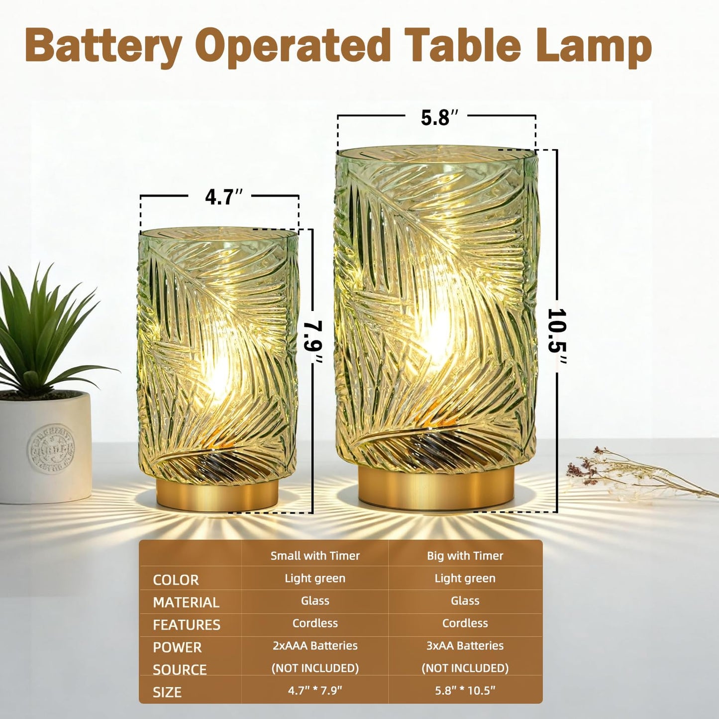 Battery Operated Table Lamp, Cordless Lamps for Home Decor, Battery Powered Nightlight with LED Bulb with Timer, Decorative Lights for Living Room Bedroom Tabletop Entryway Centerpiece Gift(Small LG)
