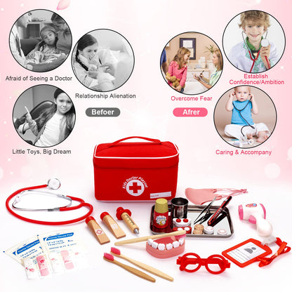Sundaymot Doctors Set for Kids, 32 PCS Role Play Doctors Case, Children's Wooden Play Set, Dentist Wood with Real Stethoscope, Thermometer, Dental Case, Red Medical Toy Gift for Girls Boys 3 4 5 Years