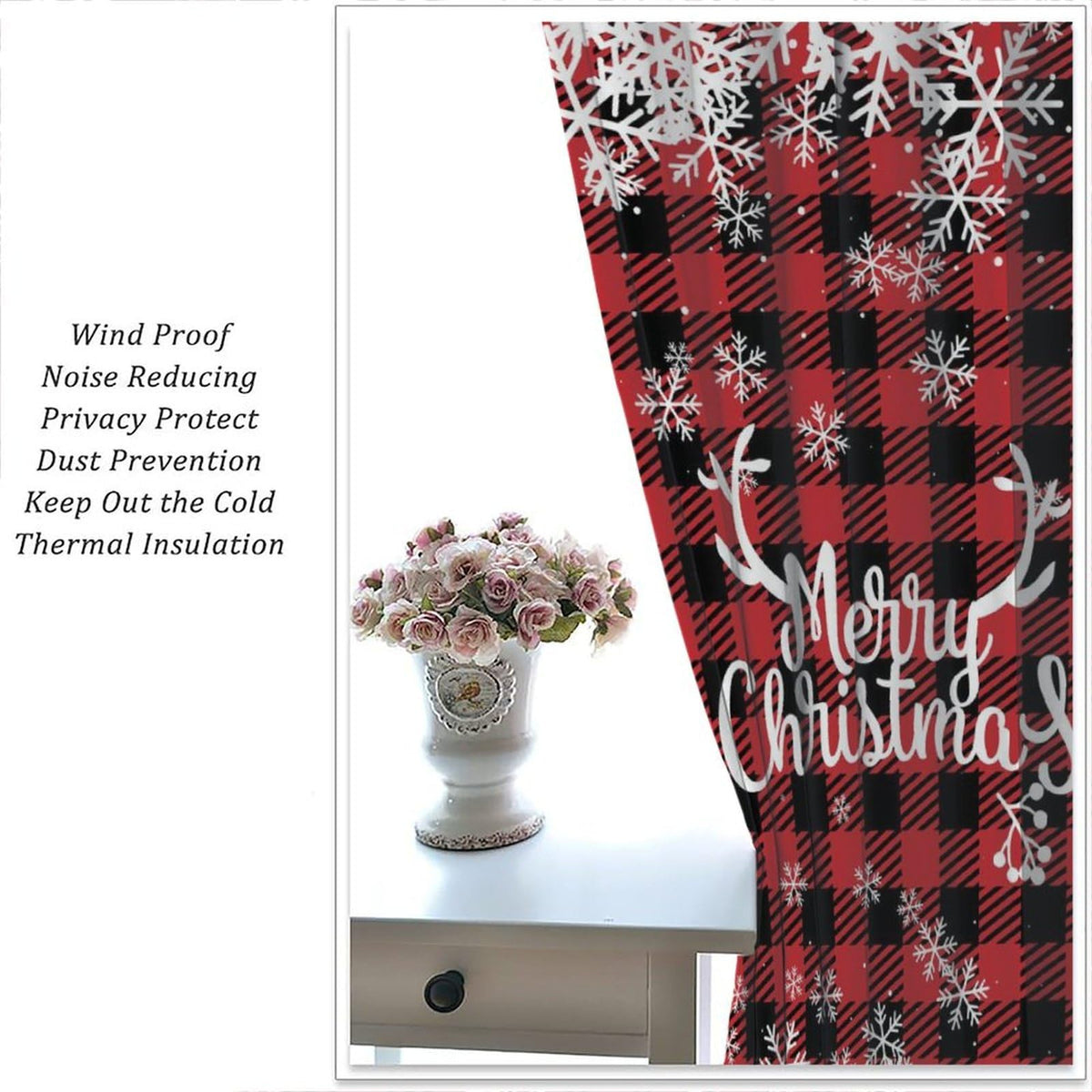 Christmas Curtains, Snowflake Decoration Printed Tartan Fabric, Bedroom Living Room Kitchen Dining Room Decor Curtains Window Treatment 2 Panels Set Total Size 42" W X 45" L Inch