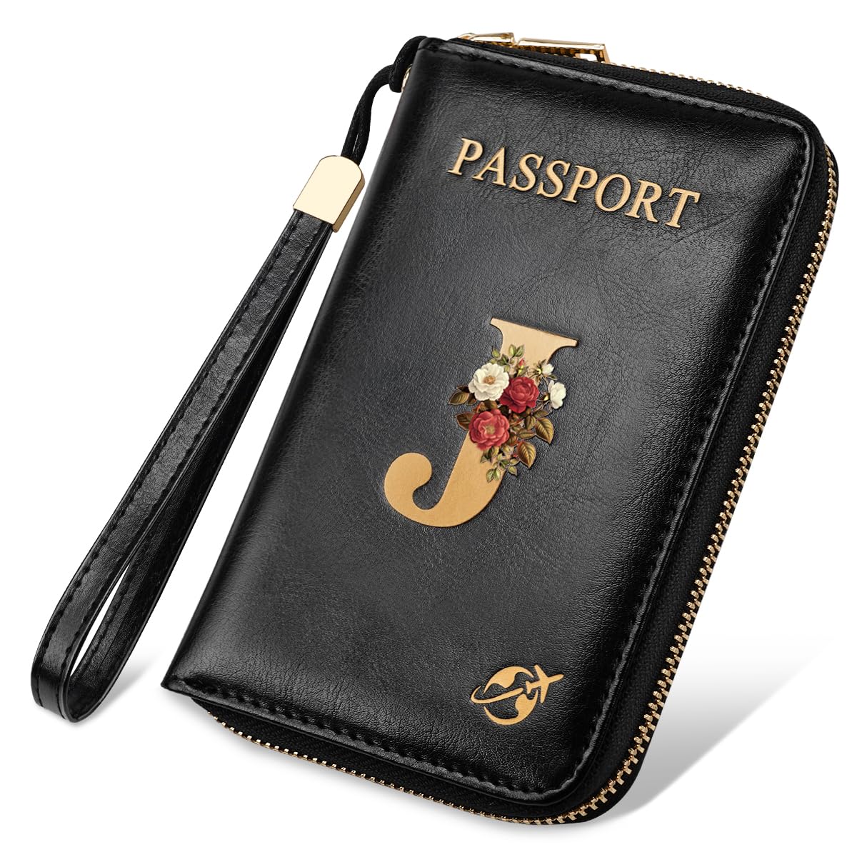Passport Holder Cover Wallet with Zipper Personalized Initial Letter J Rose Flower RFID Blocking Travel Wallets Credit Cards Holder for Women, Gift for Wife and Girlfriend,J