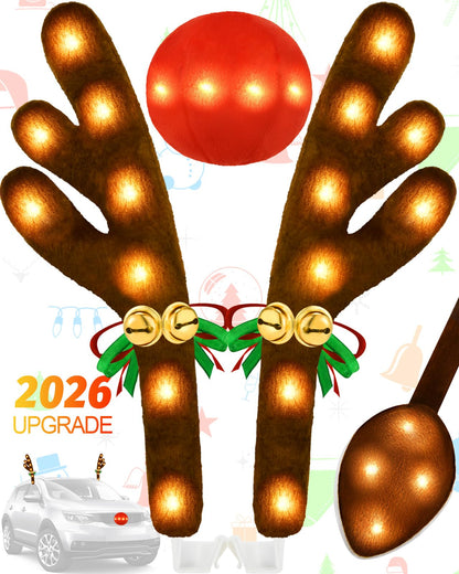 Christmas Reindeer Antlers Car Decoration Kit, Waterproof LED Lights Nose Vehicle with Jingle Bells Rudolph, Auto Holiday Accessories for SUV Van Truck Decor Warm White