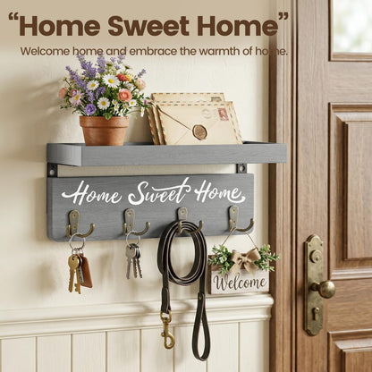 buways Key Holder Wall Mount with 4 Double Hooks-Solid Wood Wall-Mounted Organizer for Keys&Mail Rustic Key Rack Hanger Holder Home Decor for Entryway Living Room (Gray)