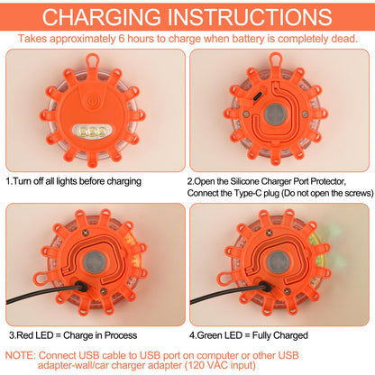 VANCLE USB C Rechargeable LED Road Flares Emergency Lights Roadside Warning Car Traffic Safety Beacon Flashing Disc Flare Kit Strobe with Magnetic Base for Construction Vehicles Truck Boat, 3 Pack