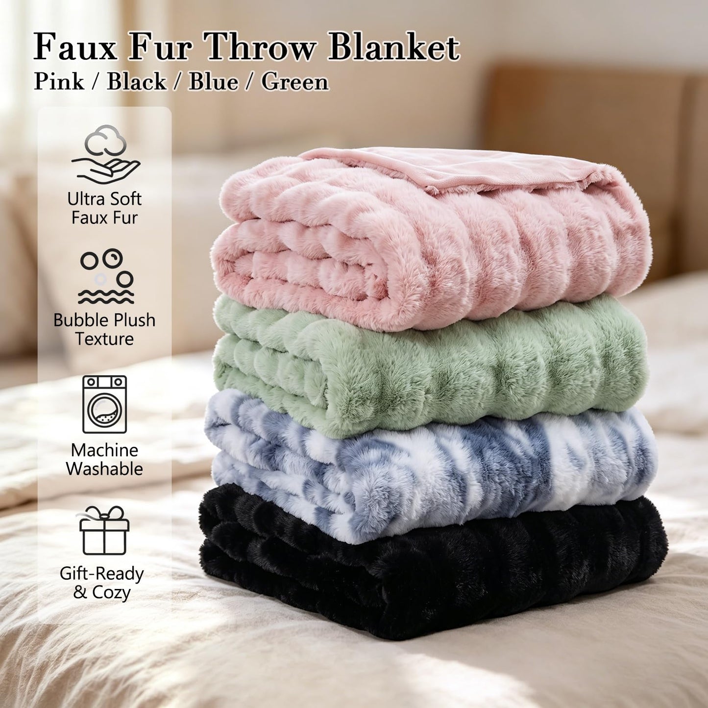 Opulapel Light Pink Throw Blanket Fluffy Fuzzy Soft Blanket for Couch Faux Rabbit Fur Blanket Bubble for Bed Living Room Gift for Women,50 * 60 Inches 860GSM