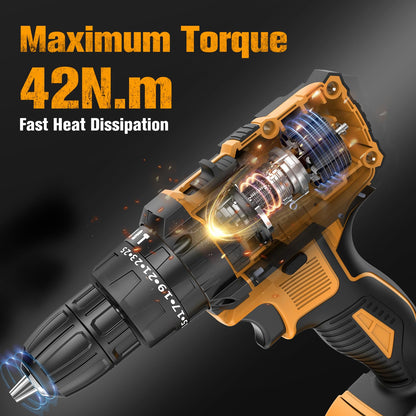 JYGMPRO Cordless Drill Driver 21V, Hammer Drill with 2 Batteries 2000mAh, 25+3 Torque, 42N.m Max Electric Drill, 30PCS Drill Bits, 2 Speed, LED Light for Home and Garden DIY Project