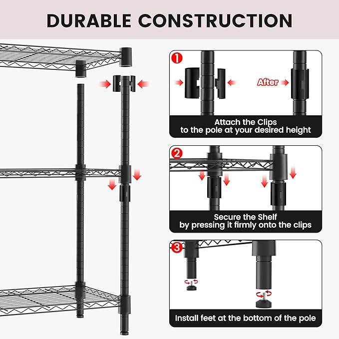 Xcity Storage Shelves, 3 Tier Heavy Duty Metal Shelving Unit with Wheels, 1050 LBS Capacity Adjustable Steel Wire Shelf Organizer for Pantry, Kitchen, Garage, 14" D x 24" W x 30" H, Black