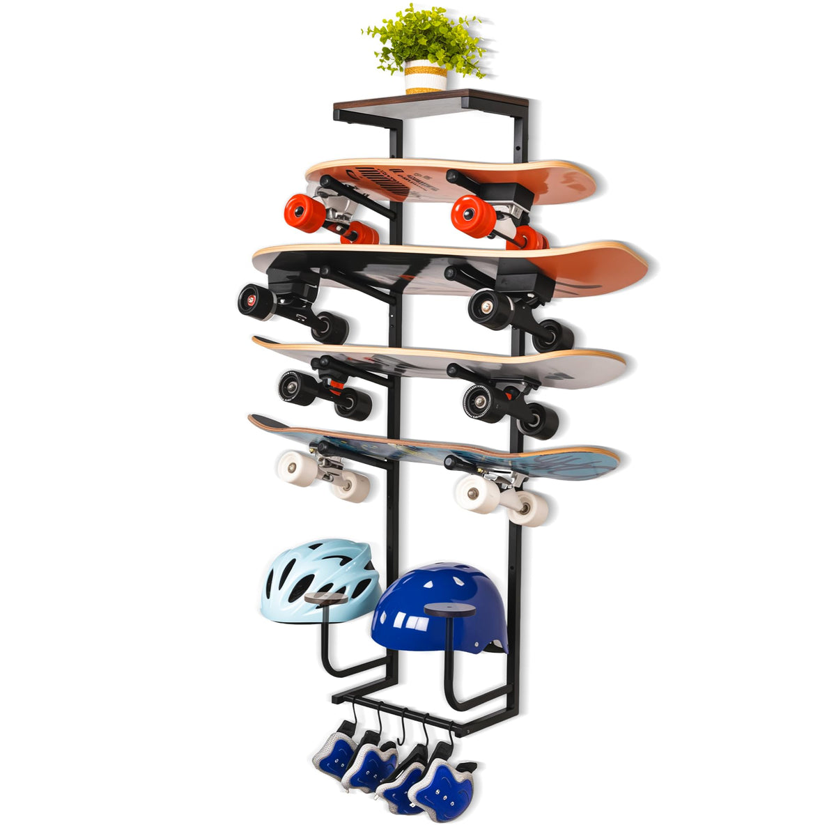 Skateboard Wall Mount Rack 4-Board Horizontal Storage — Wood Display Shelf, Holds 4 Longboards, Decks & Boards, 2 Round Wooden Helmet Stands & 5 Accessories Hooks, Garage Game Room Organizer (Black)