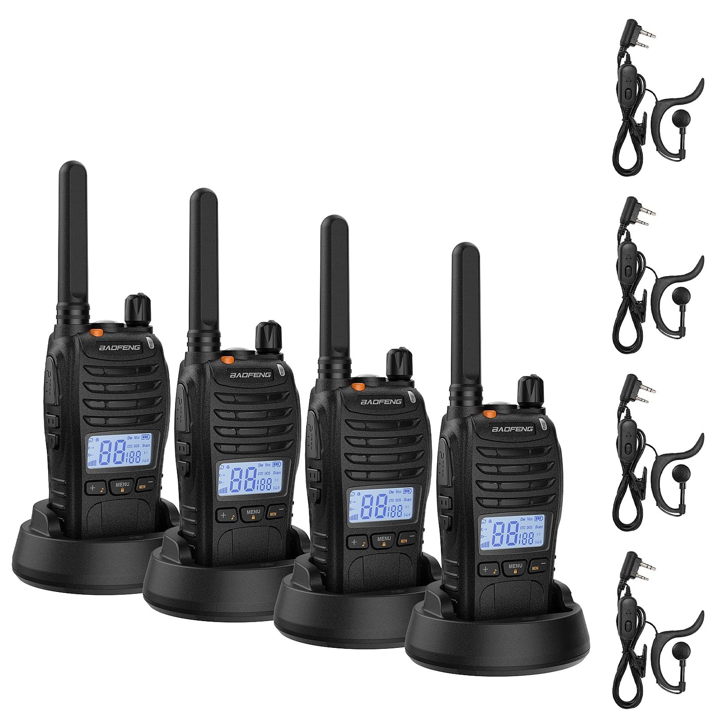 BAOFENG BF-88ST Pro Walkie Talkie, Upgraded Long Range Rechargeable License-Free PMR446 Two Way Radios with LCD Display, VOX Dual Watch, Desktop Charger and Earpieces, 4 Pack